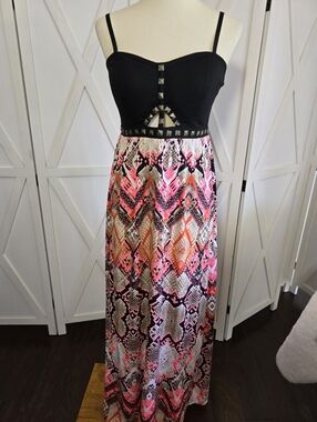 Black Strappy Bodice Maxi Dress with Neon Aztec Pattern (NWT)